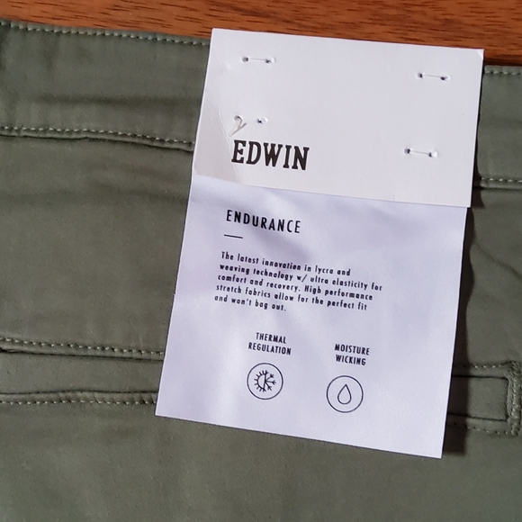 Edwin Performance Mason Slim Chino Twill Khaki Pants Size 38 Olive Green New - Picture 7 of 9
